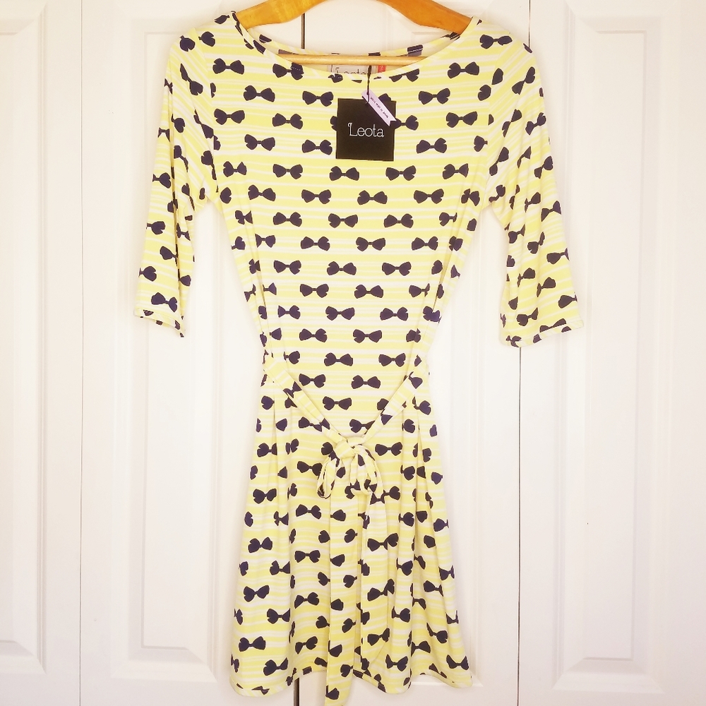 LEOTA Tie Dress Bow Design Yellow Blue NWT M